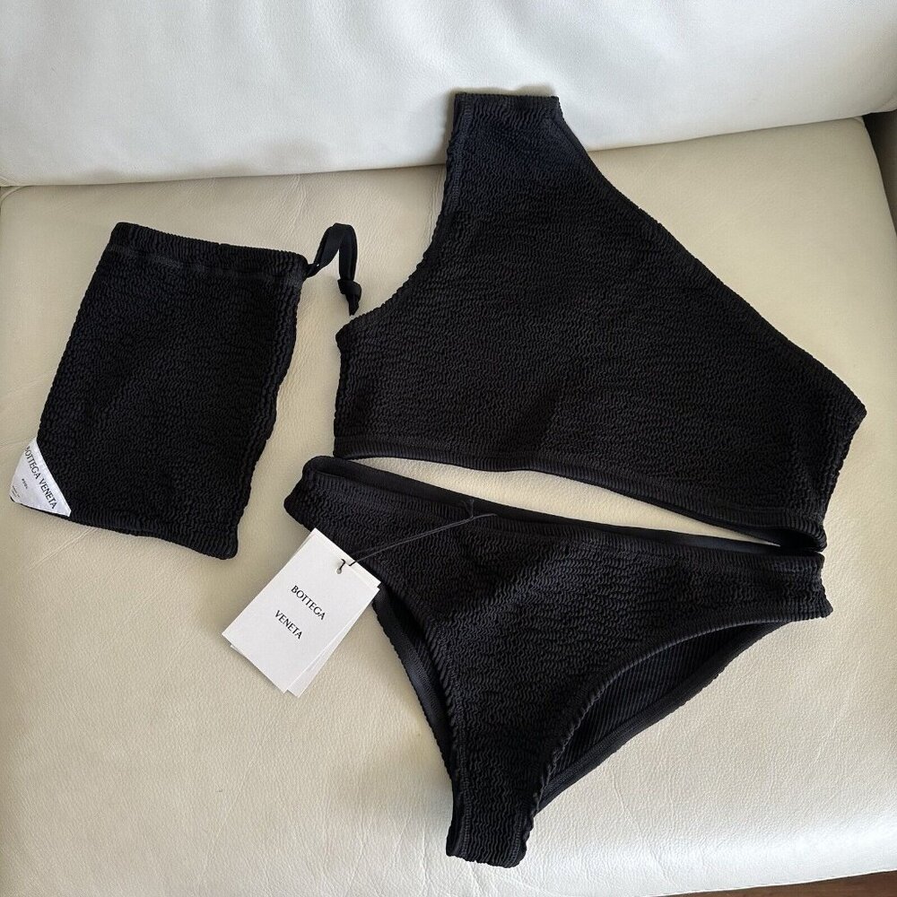 NEW BOTTEGA VENETA Black SWIMSUIT CRINCKLED One Shoulder Bikini Sz L